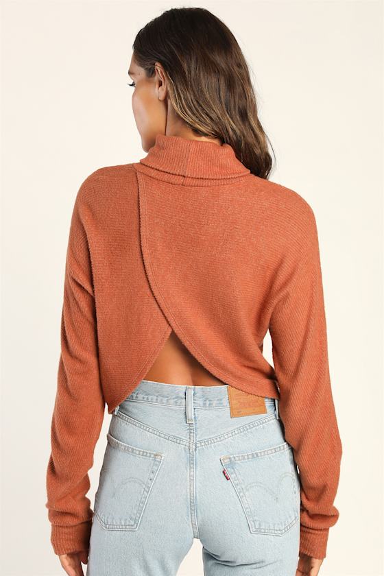 Sip on Cider Rust Orange Ribbed Turtleneck Cross Back Top 3