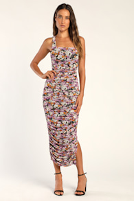 V.I.P. Treatment Black Floral Mesh Ruched Bodycon Midi Dress 5