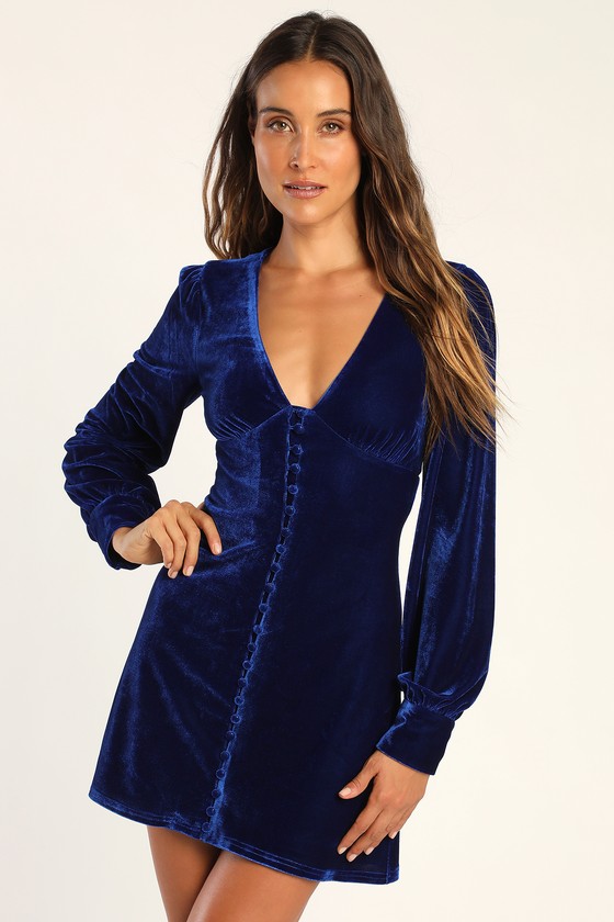 Royal Blue Velvet Dress - Long Sleeve Velvet Dress - Mini Dress - Lulus