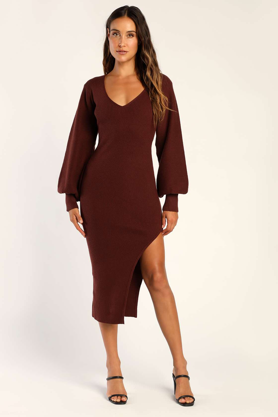 Chocolate Brown Dress Bodycon Midi Dress Balloon Sleeve Dress Lulus — free download
