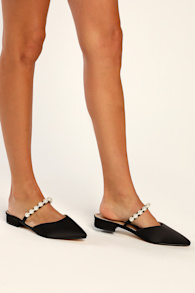 Hershie Black Satin Pearl Pointed-Toe Mule Slides 1