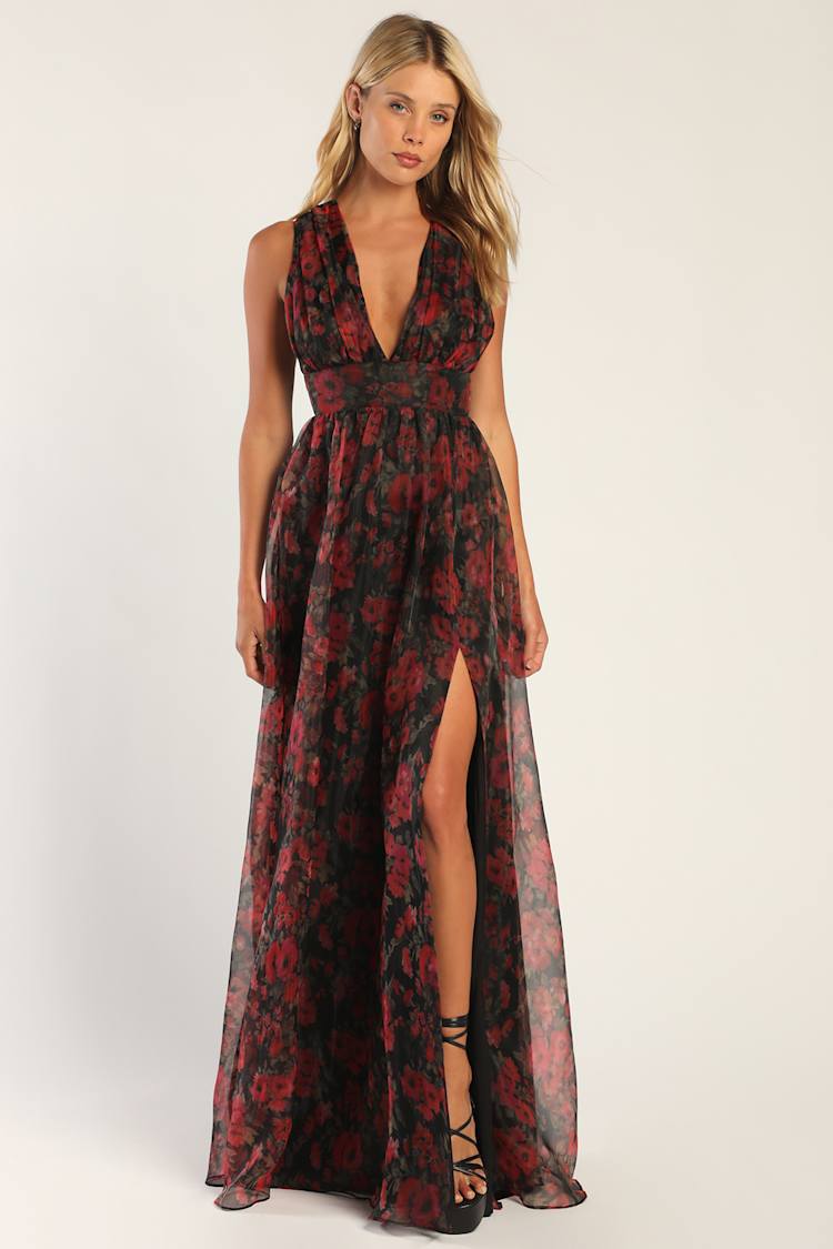 Black Floral Print Dress - Organza Maxi Dress - Floral Print Gown