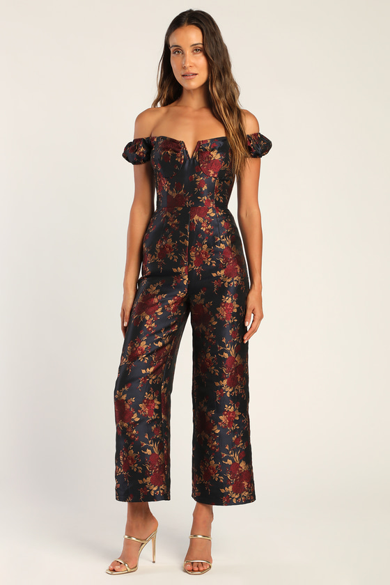 Lulus New Glam Midnight Blue Floral Jacquard Off-the-shoulder Jumpsuit