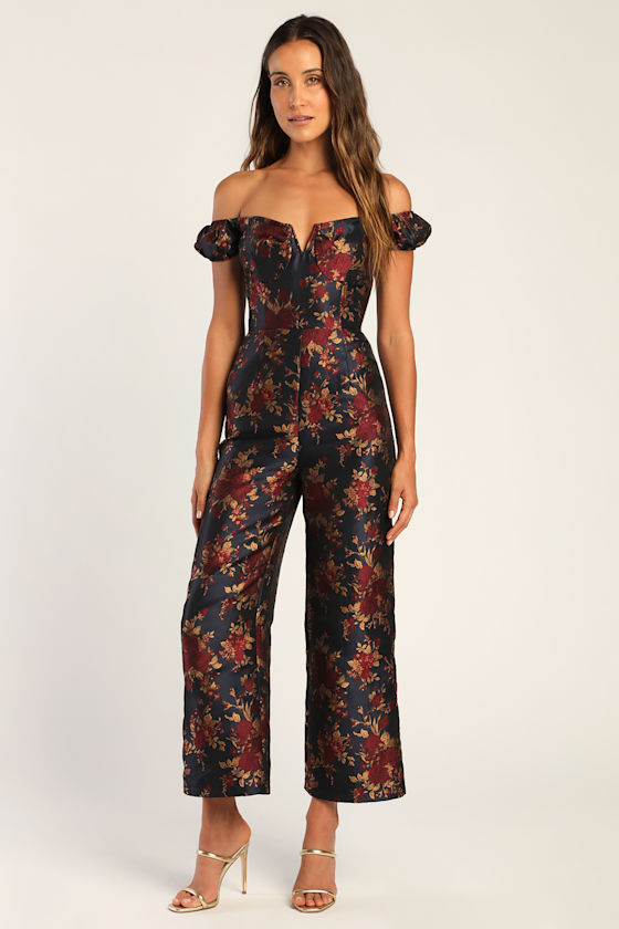 New Glam Midnight Blue Floral Jacquard Off-the-Shoulder Jumpsuit 2