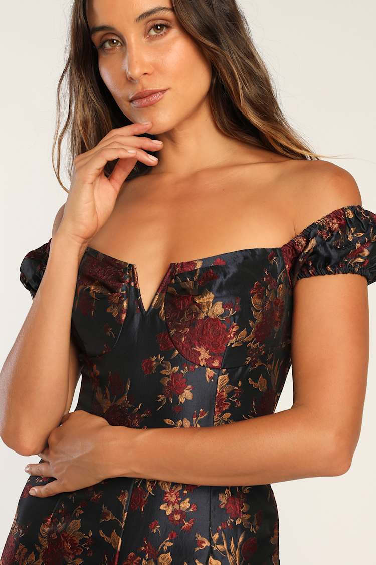 New Glam Midnight Blue Floral Jacquard Off-the-Shoulder Jumpsuit