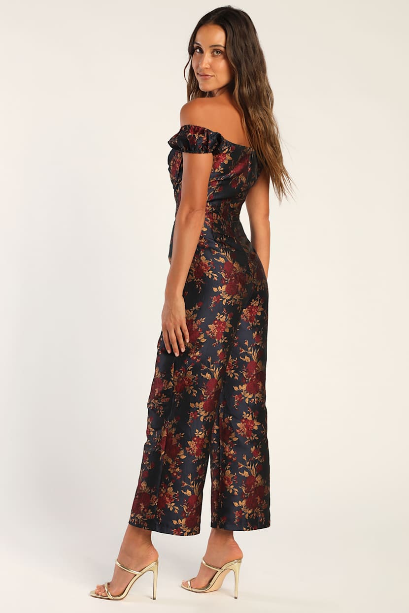 New Glam Midnight Blue Floral Jacquard Off-the-Shoulder Jumpsuit