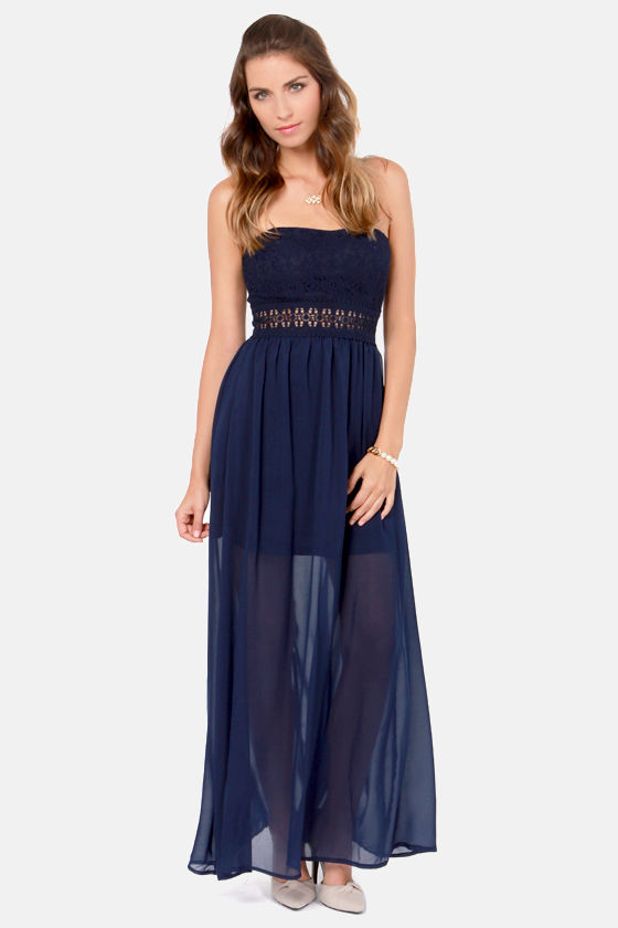 strapless navy blue gown