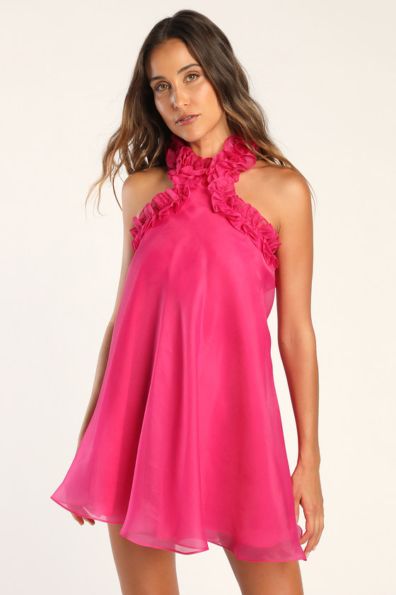 Lulus Perfect Stunner Hot Pink Organza Ruffled Halter Mini Dress