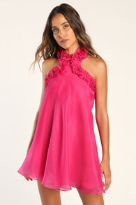 Perfect Stunner Hot Pink Organza Ruffled Halter Mini Dress