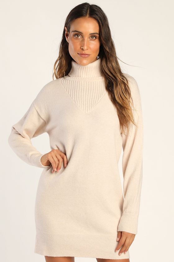 Frosty Forecast Cream Turtleneck Long Sleeve Sweater Dress 2