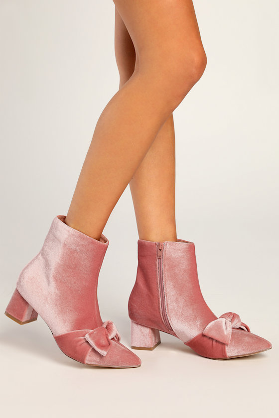 Femmie Dusty Rose Velvet Pointed-Toe Bow Booties 1
