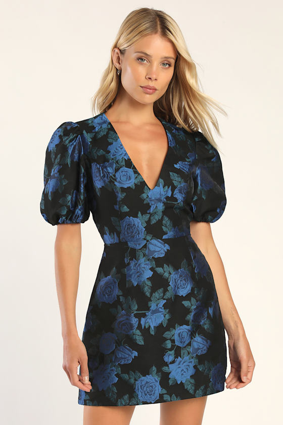 Black Floral Jacquard Dress - Mini Dress - Puff Sleeve Dress - Lulus