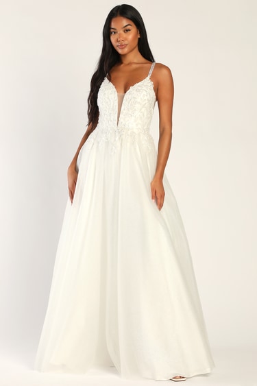 Loved For Life White Sparkly Tulle Embroidered Sleeveless Gown