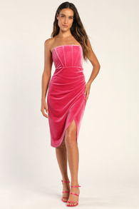 Glamorous Celebrations Hot Pink Velvet Strapless Tulip Dress