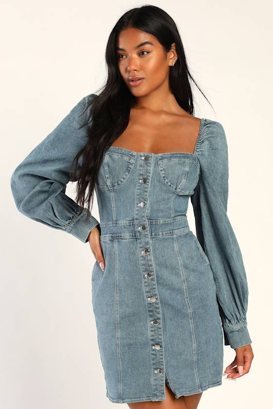 Trending Sweet Blue Denim Balloon Sleeve Mini Dress With Pockets 2