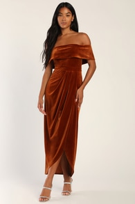 I'm Enchanted Rust Orange Velvet Off-the-Shoulder Maxi Dress