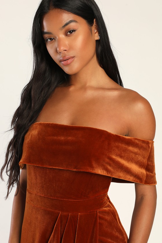 I m Enchanted Rust Orange Velvet Off the Shoulder Maxi Dress