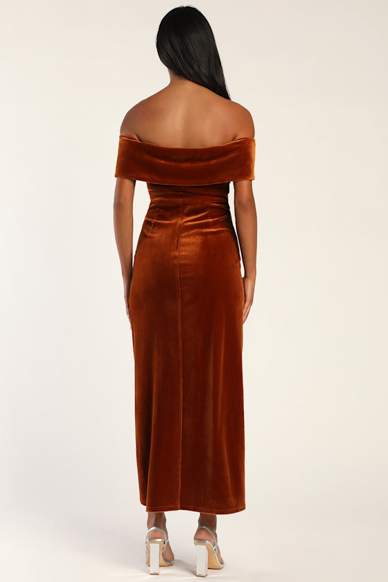 I'm Enchanted Rust Orange Velvet Off-the-Shoulder Maxi Dress - Image 4
