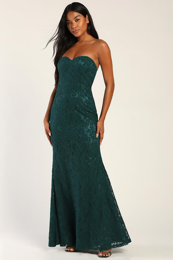 Wow the Crowd Emerald Green Lace Strapless Mermaid Maxi Dress 2