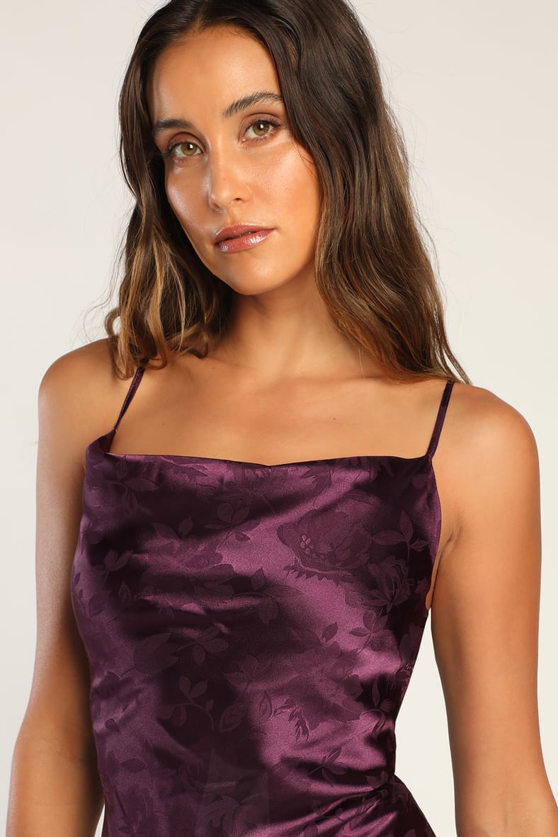 Close to Your Heart Plum Purple Satin Jacquard Cowl Slip Dress