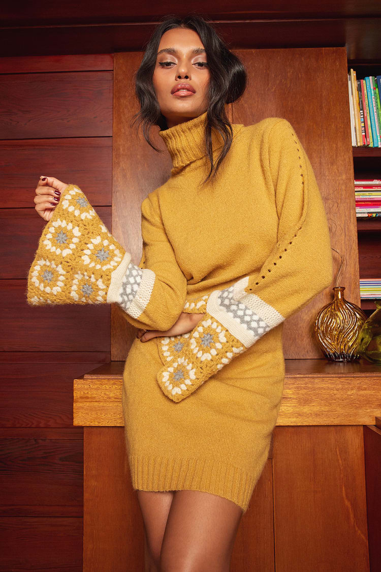 It's Groovy Mustard Yellow Multi Knit Turtleneck Sweater Dress