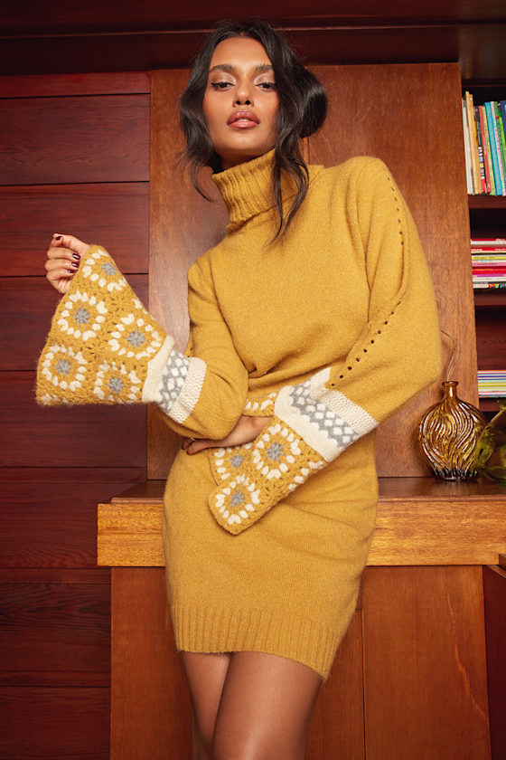 Mustard Yellow Dress Sweater Dress Crocheted Sleeve Dress Lulus