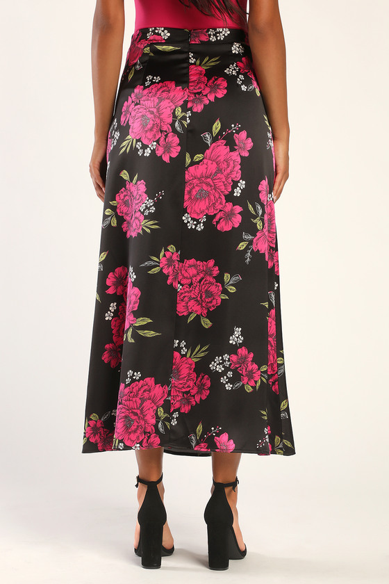 Black Floral Print Skirt - Satin Midi Skirt - High-Waisted