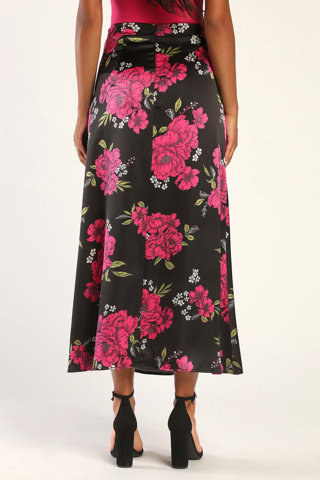 Black Floral Print Skirt - Satin Midi Skirt - High-Waisted Skirt - Lulus