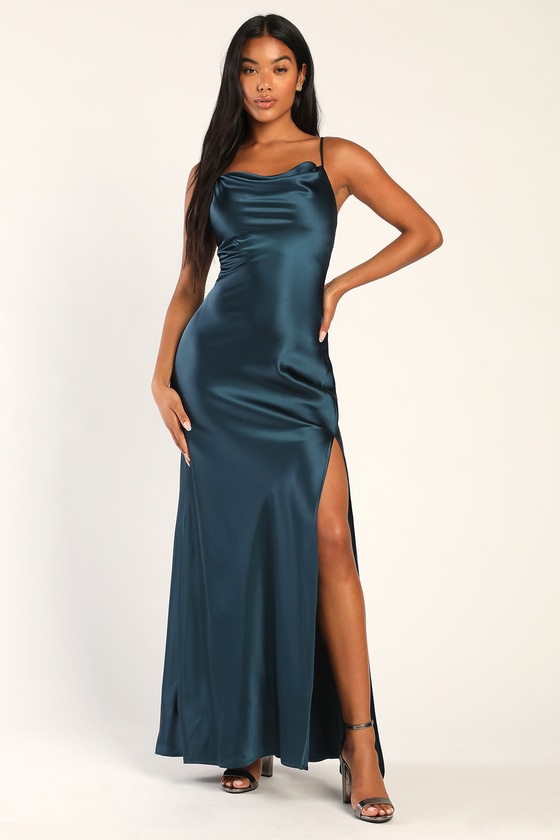 Teal Blue Satin Dress - Satin Maxi Dress - Cowl Neck Maxi Dress - Lulus