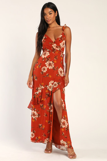 Pleased to Be Rust Orange Floral Print Ruffled Maxi Dress