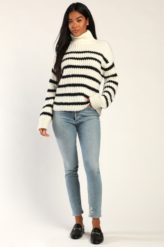 Ivory Striped Sweater - Cable Knit Sweater - Turtleneck