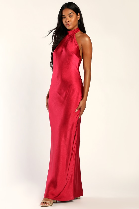 Love in Your Life Red Satin Halter Maxi Dress