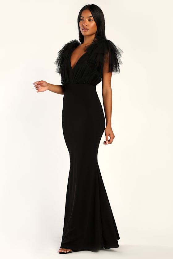 Fabulous Fun Black Tulle Flutter Sleeve Mermaid Maxi Dress 4