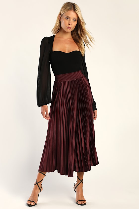 Sophisticated Vision Plum Satin Pleated Midi Skirt 2
