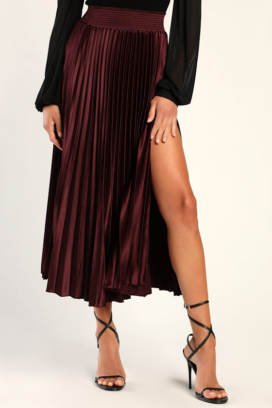Sophisticated Vision Plum Satin Pleated Midi Skirt 3