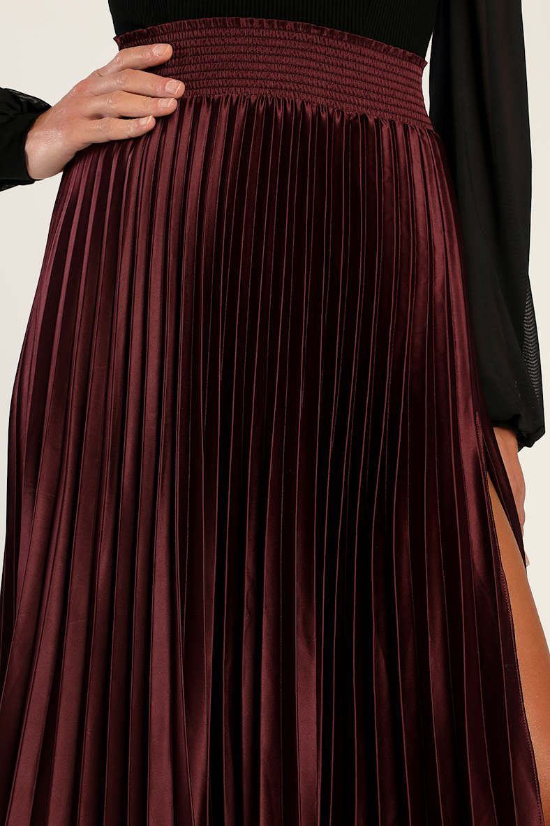 Sophisticated Vision Plum Satin Pleated Midi Skirt