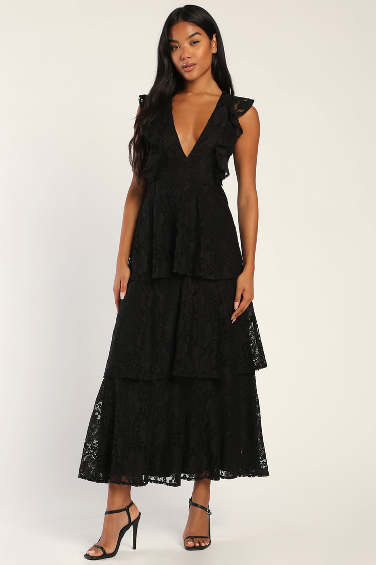 Lovely Black Dress - Lace Dress - Maxi Dress - Tiered Maxi - Lulus