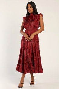 Take a Glance Burgundy Tiered Mock Neck Midi Dress