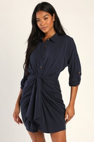 Charming Confidence Navy Blue Collared Button-Up Mini Dress