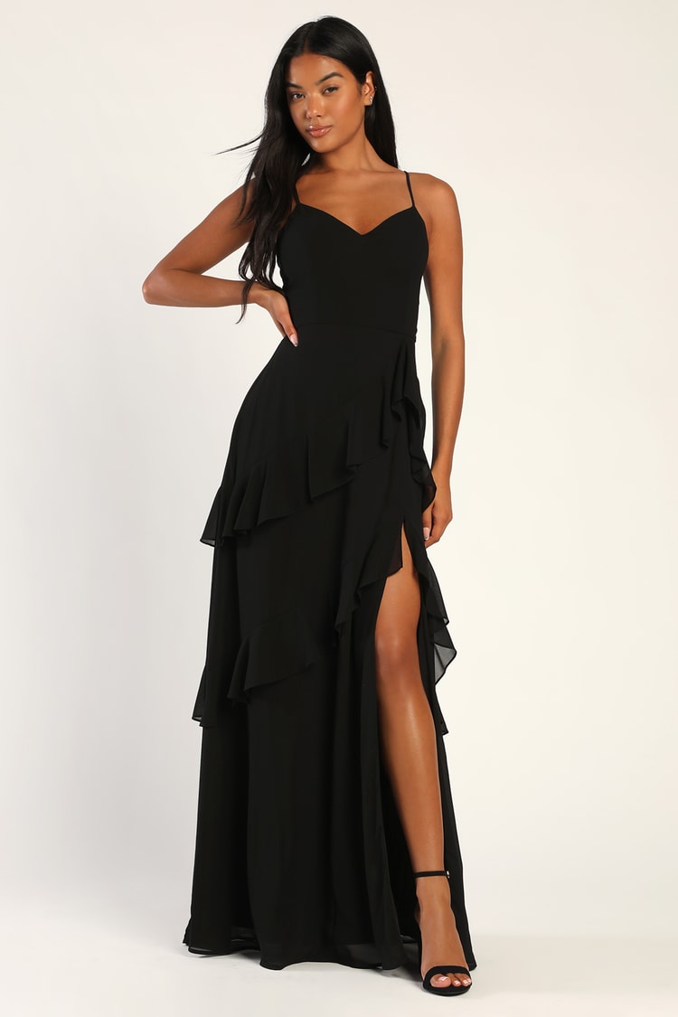 Blessed with Beauty Black Ruffled Sleeveless Maxi Dress