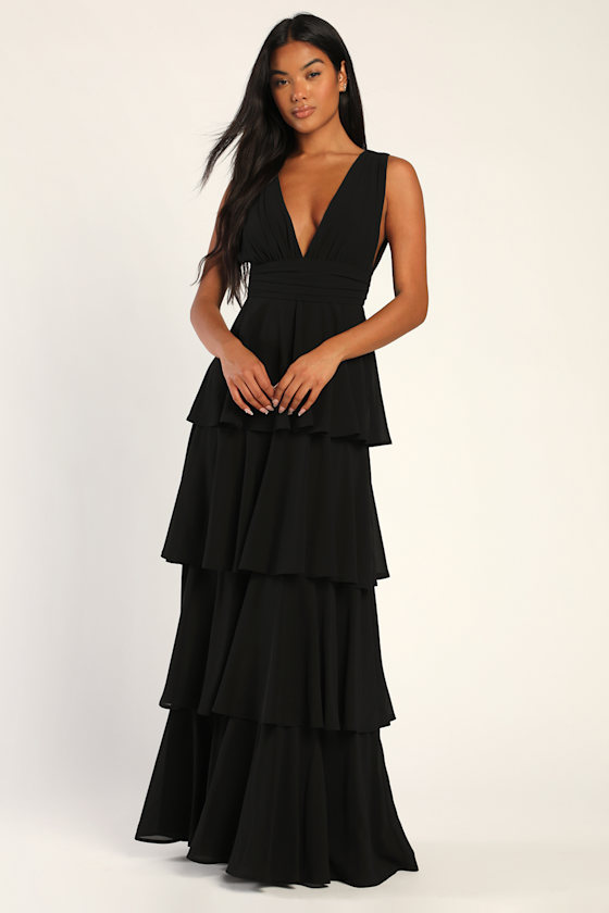 Quince Women's Black Organic Cotton Tiered Maxi Dress – Size S, Puff Sleeve, Poplin, Pockets
