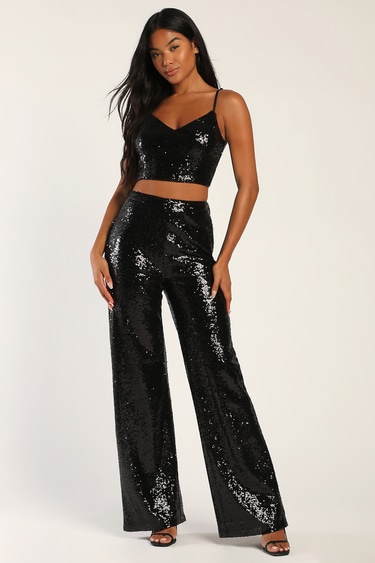 Twice the Glam Black Sequin Lace-Up Two-Piece Jumpsuit