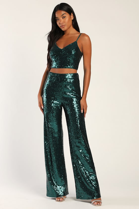 Twice the Glam Teal Green Sequin Lace-Up Two-Piece Jumpsuit 2