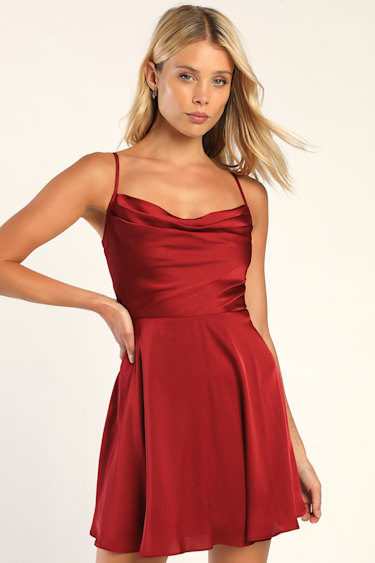 Fanciful Flirt Burgundy Satin Cowl Neck Skater Mini Dress