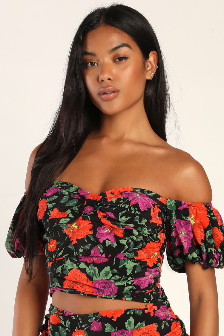 Black Floral Print Top - Puff Sleeve Crop Top - OTS Crop Top -