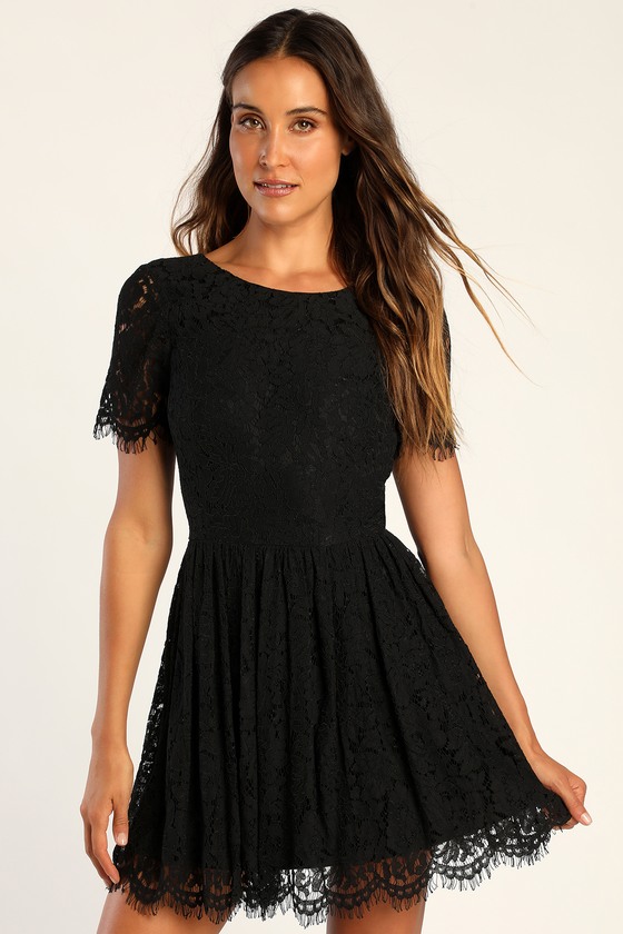 Black Floral Lace Dress - LBD - Mini Skater Dress - V-Back Dress - Lulus