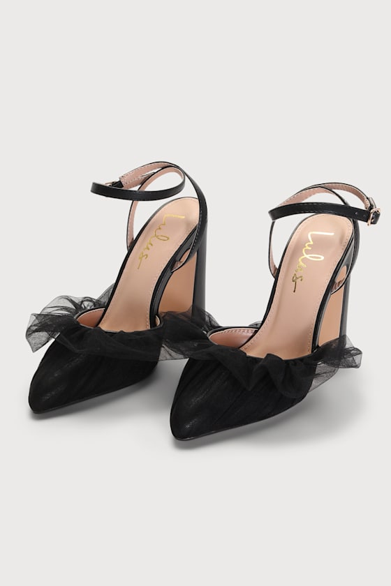 Kyliee Black Tulle Ankle Strap Pointed-Toe Pumps 2