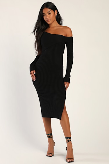 Fireside Sweetie Black Off-the-Shoulder Midi Sweater Dress
