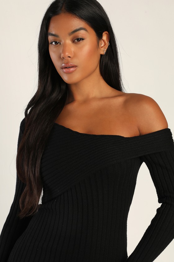 Black Sweater Dress - Off-the-Shoulder Dress - Midi Sweater Dress - Lulus