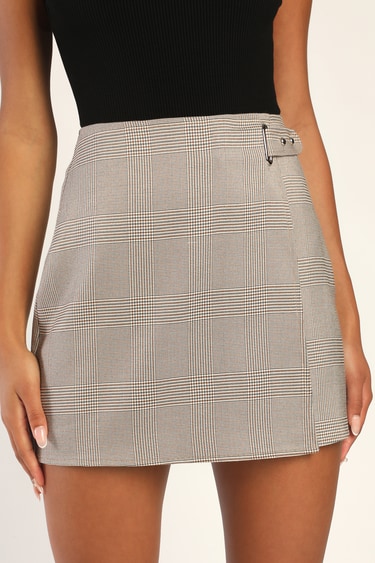 Plaid Girl's Club Brown Multi Plaid Belted Mini Skirt